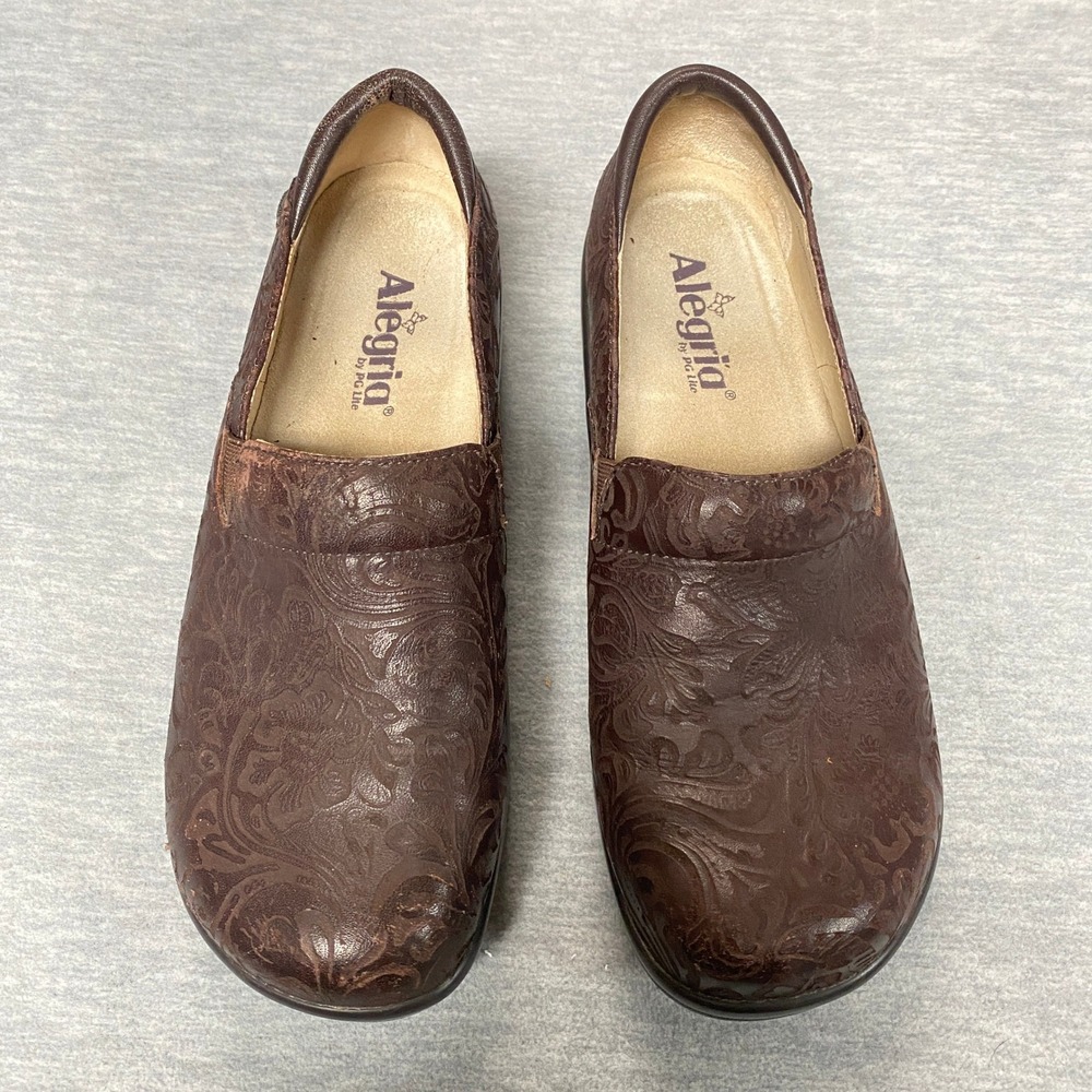 Alegria PG Lite KEL 433 Sz 40 Brown Embossed Leather Clogs Comfort Slip On Shoes